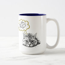 Katze träumt von Fisch Handgezeichnete Kaffeetasse