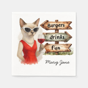 Katze trinkt Wein Barbecue Party Serviette