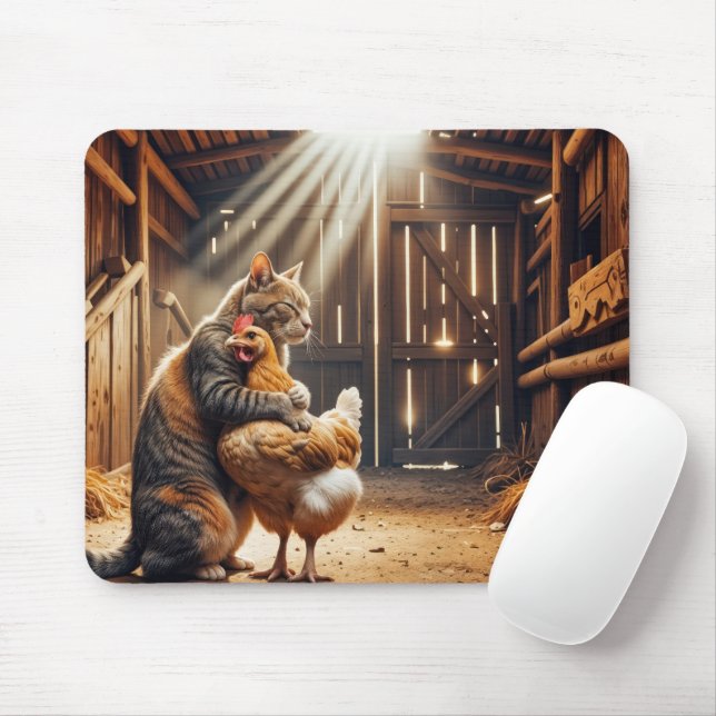 Katze umarmt ein Hühnchen auf einer Farm Mousepad (Mit Mouse)