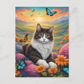 Katze umgeben von Blume und Schmetterlingen Postkarte