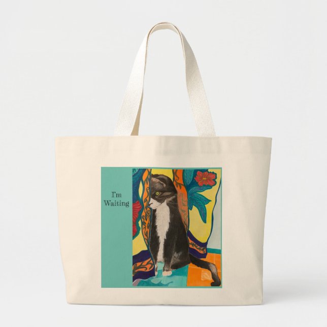 Katze und bestickte Vorhänge Jumbo Stoffbeutel (Vorne)