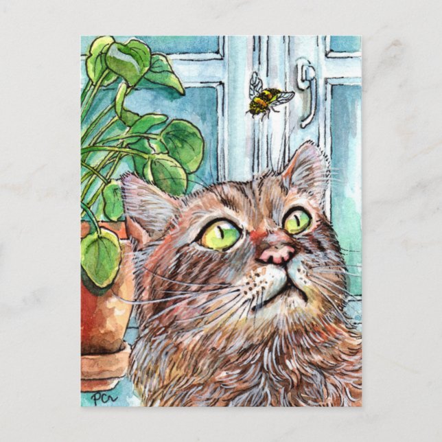 Katze und Biene Postkarte (Vorderseite)