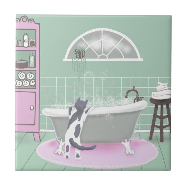 Katze und Blase Bath Pink Sage Art Fliese (Vorderseite)