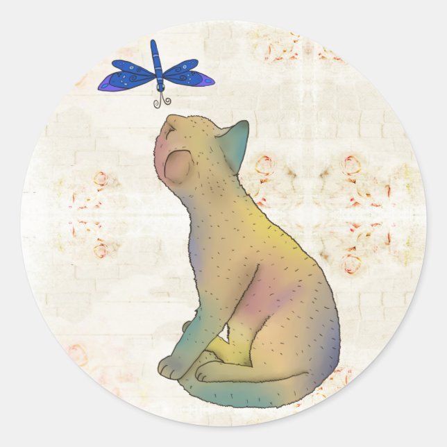 Katze und blaue Libelle Runder Aufkleber (Vorderseite)