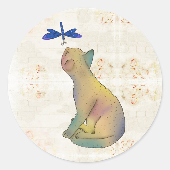 Katze und blaue Libelle Runder Aufkleber (Vorderseite)