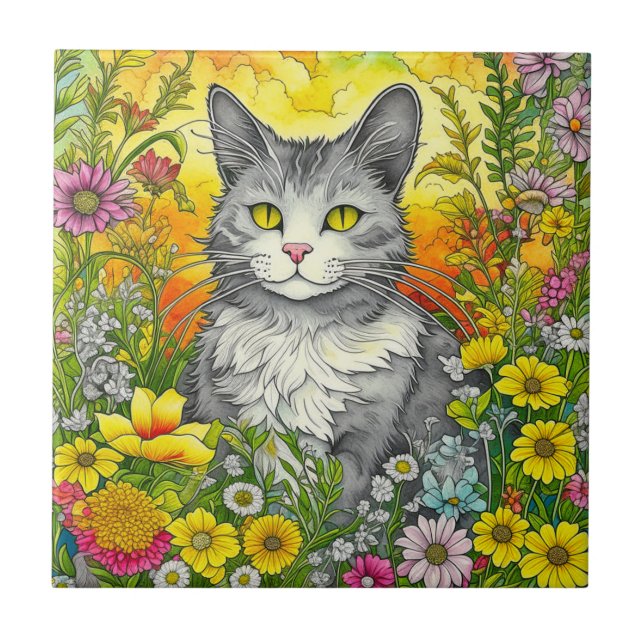 Katze und Blume Fliese (Vorderseite)