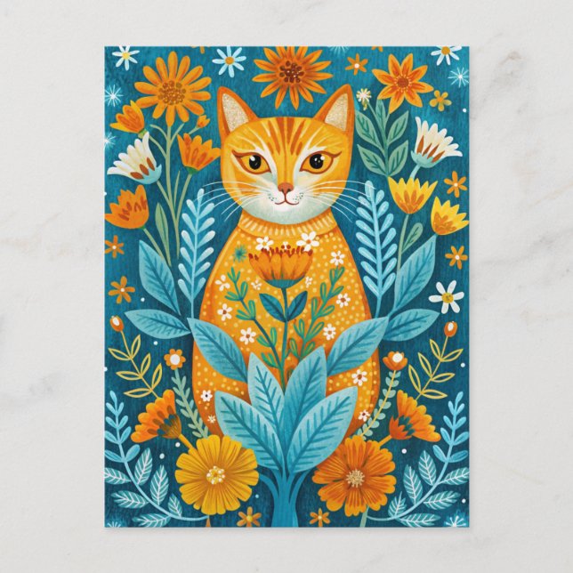 Katze und Blume Folklorekunst Orange und Blau Postkarte (Vorderseite)