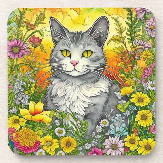 Katze und Blume Getränkeuntersetzer (Vorderseite)