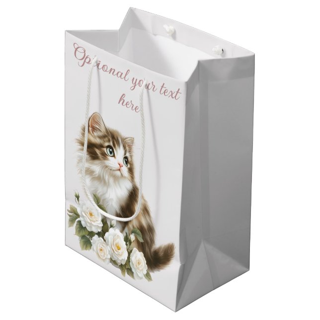 Katze und Blume Happy Birthday Wish Mittlere Geschenktüte (Vorderseite Schrägansicht)