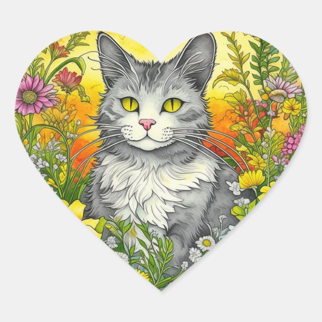 Katze und Blume Herz-Aufkleber (Vorderseite)