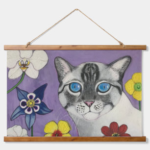 Katze und Blumen Holzbeschichteter Wandteppich Mit Holzrahmen