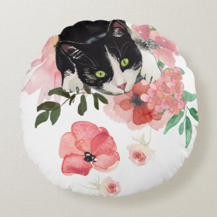 Katze und Blumen rundes Throw-Kissen (16") Rundes Kissen