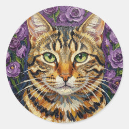 Katze und Blumen | Süße künstlerische Graue Tabbyk Runder Aufkleber