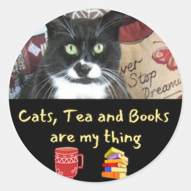 Katze und Bücher Runder Aufkleber (Vorderseite)
