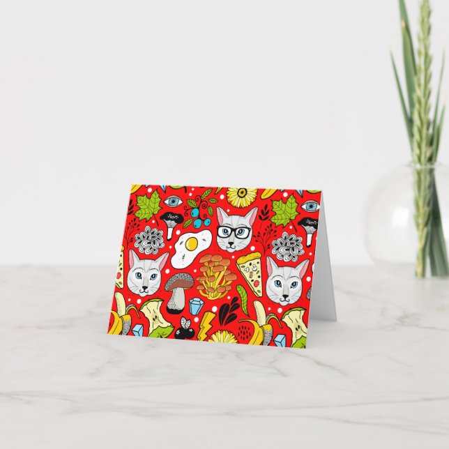 Katze und Ei in Rot Feiertagskarte (Vorderseite)