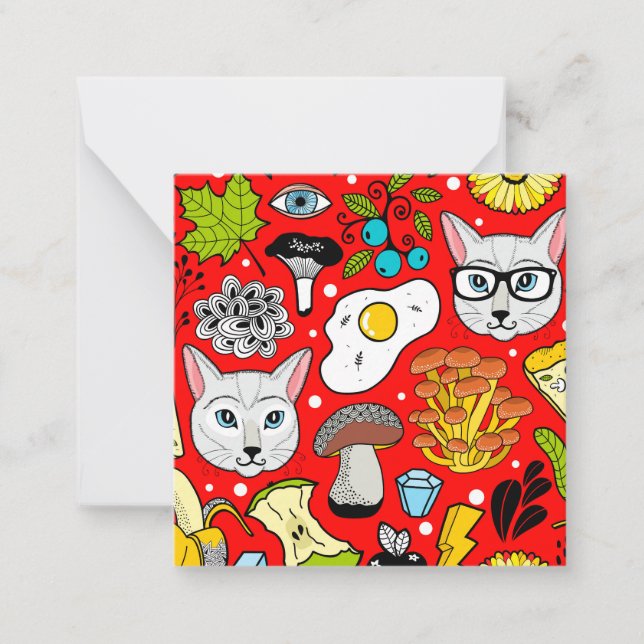 Katze und Ei in Rot Mitteilungskarte (Vorderseite)