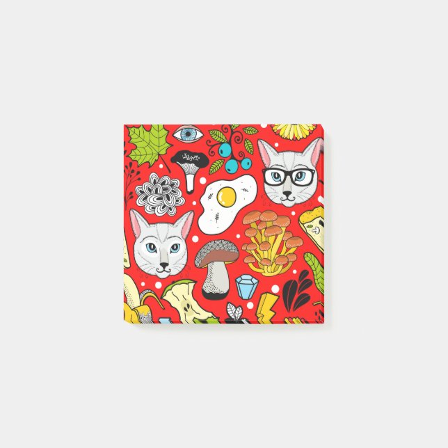 Katze und Ei in Rot Post-it Klebezettel (Vorderseite)