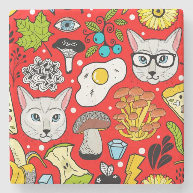 Katze und Ei in Rot Steinuntersetzer (Vorderseite)