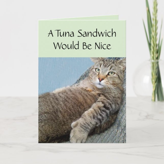 Katze und ein Thunfischsandwich zum Geburtstag Karte (Vorderseite)