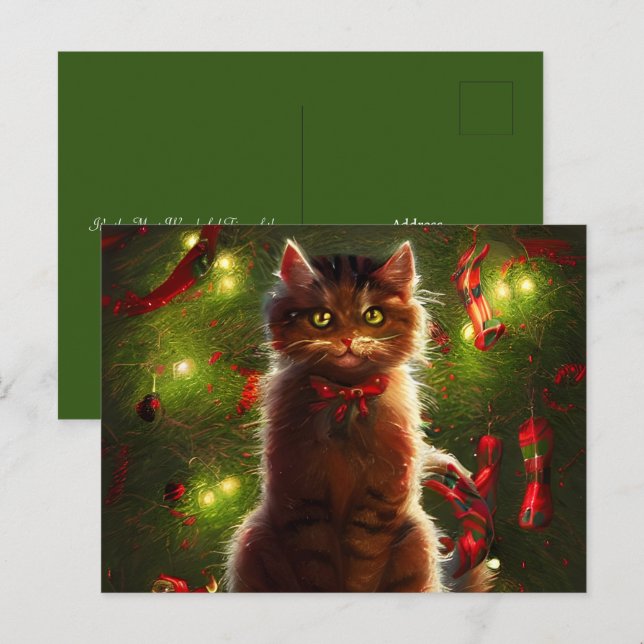 Katze und ein Weihnachtsbaum Grußkarte Postkarte (Vorne/Hinten)