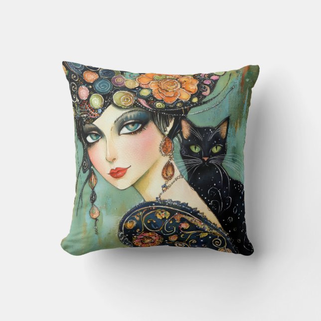 Katze und Elegante Woman Throw Kissen (Vorderseite)