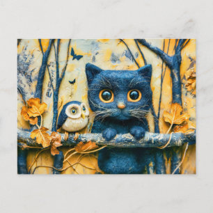 Katze und Eule im nächtlichen Wald aus Filz Postkarte