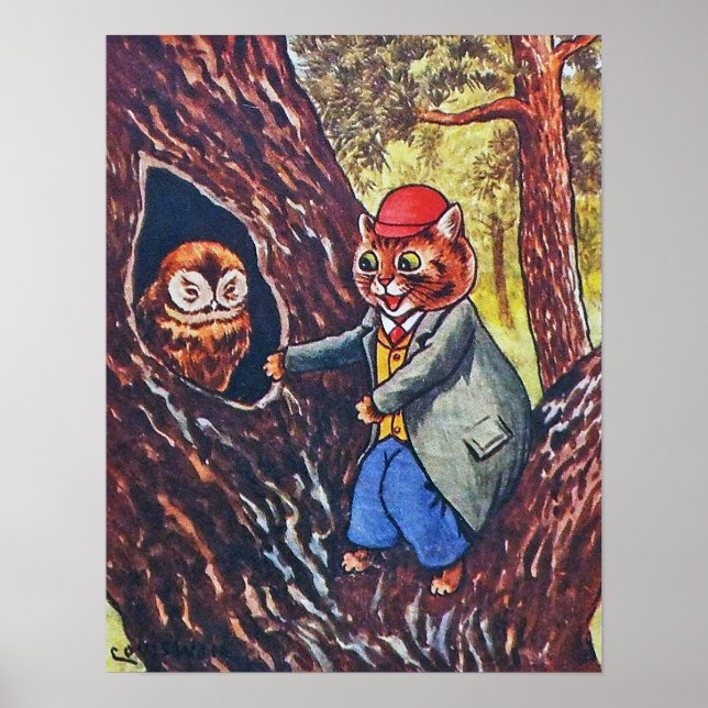 Katze und Eule, Louis Wain Poster (Vorne)