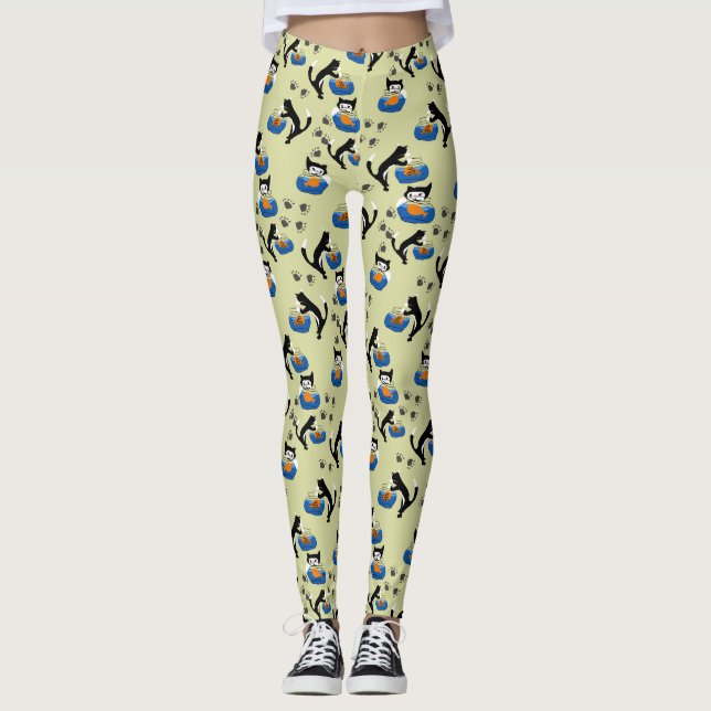 Katze und Fischschüssel Leggings (Vorderseite)