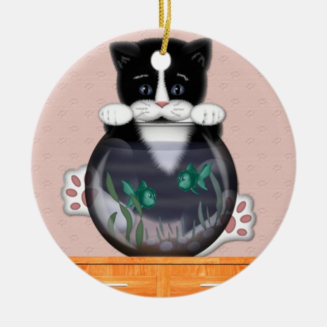Katze und Fishbowl Verzierung Keramikornament (Vorne)