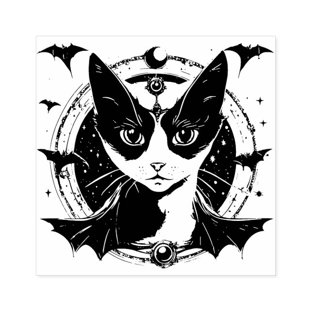 Katze und Fledermäuse I Holz Art Briefmarke Gummistempel (Prägung)