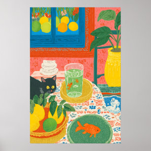 Katze und Goldfisch Küchenkunst Druck Buntes Still Poster