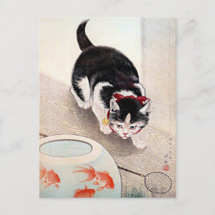 Katze und Goldfischglas-Kunstwerk,  Postkarte