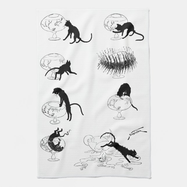 Katze und Goldfish, Alexandre Steinlen Küchentuch (Vertikal)