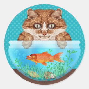 Katze und Goldfish Bowl Hunger Grinning Kitty Runder Aufkleber