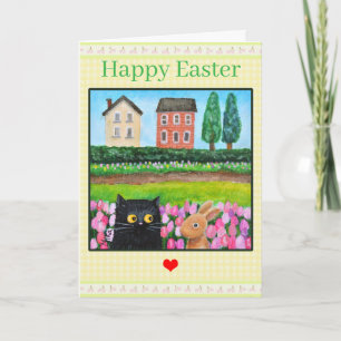 Katze und Häschen unter Tulpen Süße Frühlingslands Karte