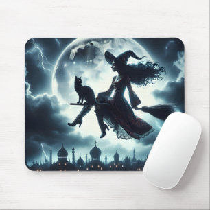 Katze und Hexe fliegen auf einem Besenstiel Mousepad