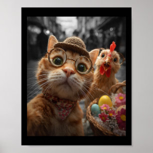 Katze und Huhn Selfie Lustige Vintage-Oster-Eier Poster
