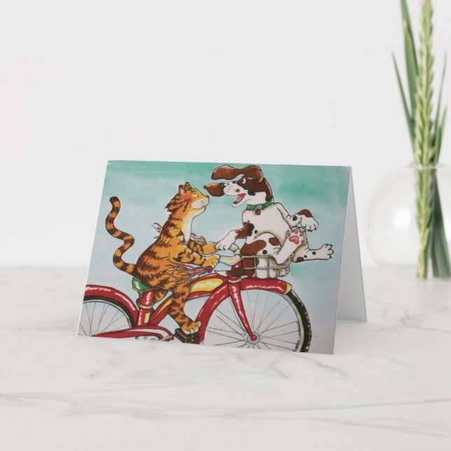 Katze und Hund auf Fahrrad Karte (Vorderseite)