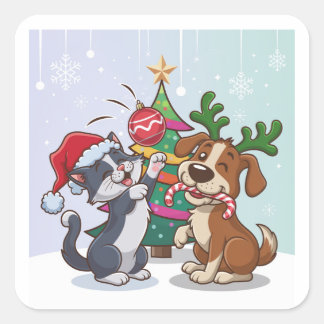 Katze und Hund feiern Weihnachten Quadratischer Aufkleber