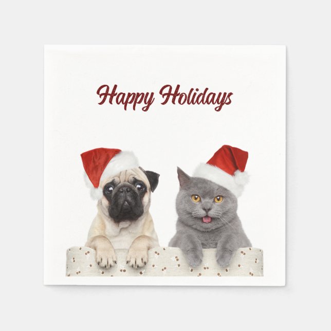 Katze und Hund frohe Weihnachten glücklichen Urlau Serviette (Vorderseite)