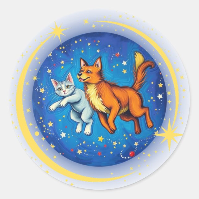 Katze und Hund im Weltraum Runder Aufkleber (Vorderseite)