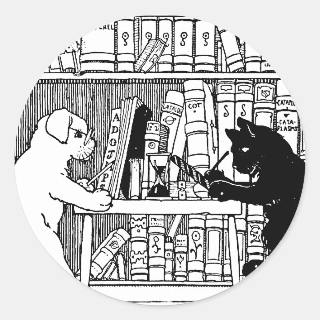 Katze und Hund in der Bibliothek Runder Aufkleber (Vorderseite)