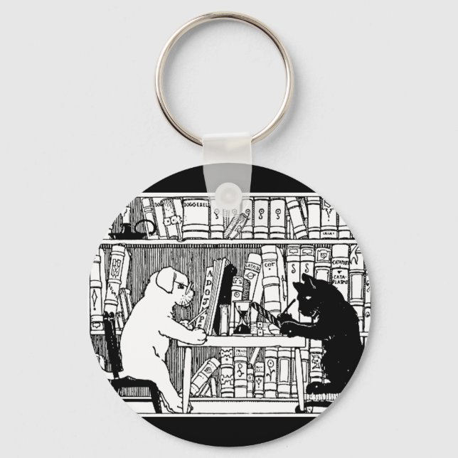Katze und Hund in der Bibliothek Schlüsselanhänger (Vorderseite)