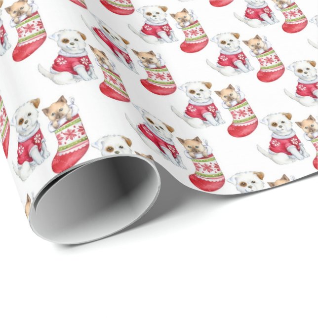Katze und Hund in Weihnachten Strümpfe Geschenkpapier (Rolleneckpunkt)