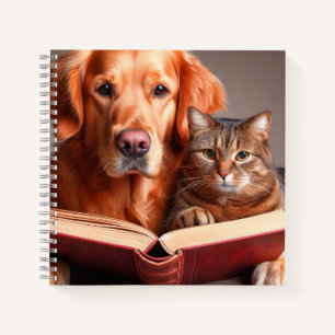 Katze und Hund lesen ein Buch