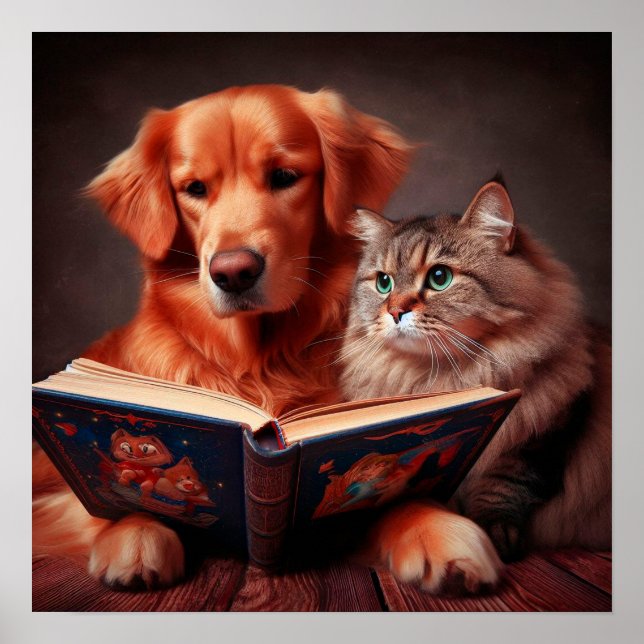 Katze und Hund lesen ein Buch Poster (Vorne)