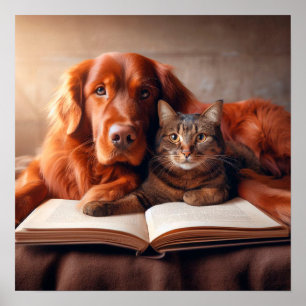 Katze und Hund lesen ein Buch Poster