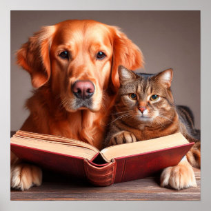 Katze und Hund lesen ein Buch Poster