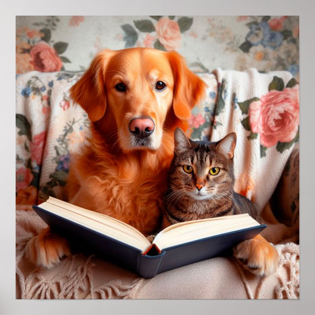 Katze und Hund lesen ein Buch Poster (Vorne)
