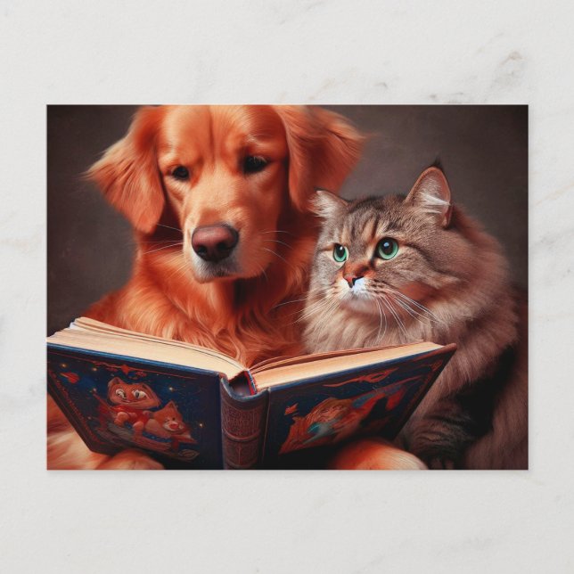 Katze und Hund lesen ein Buch Postkarte (Vorderseite)